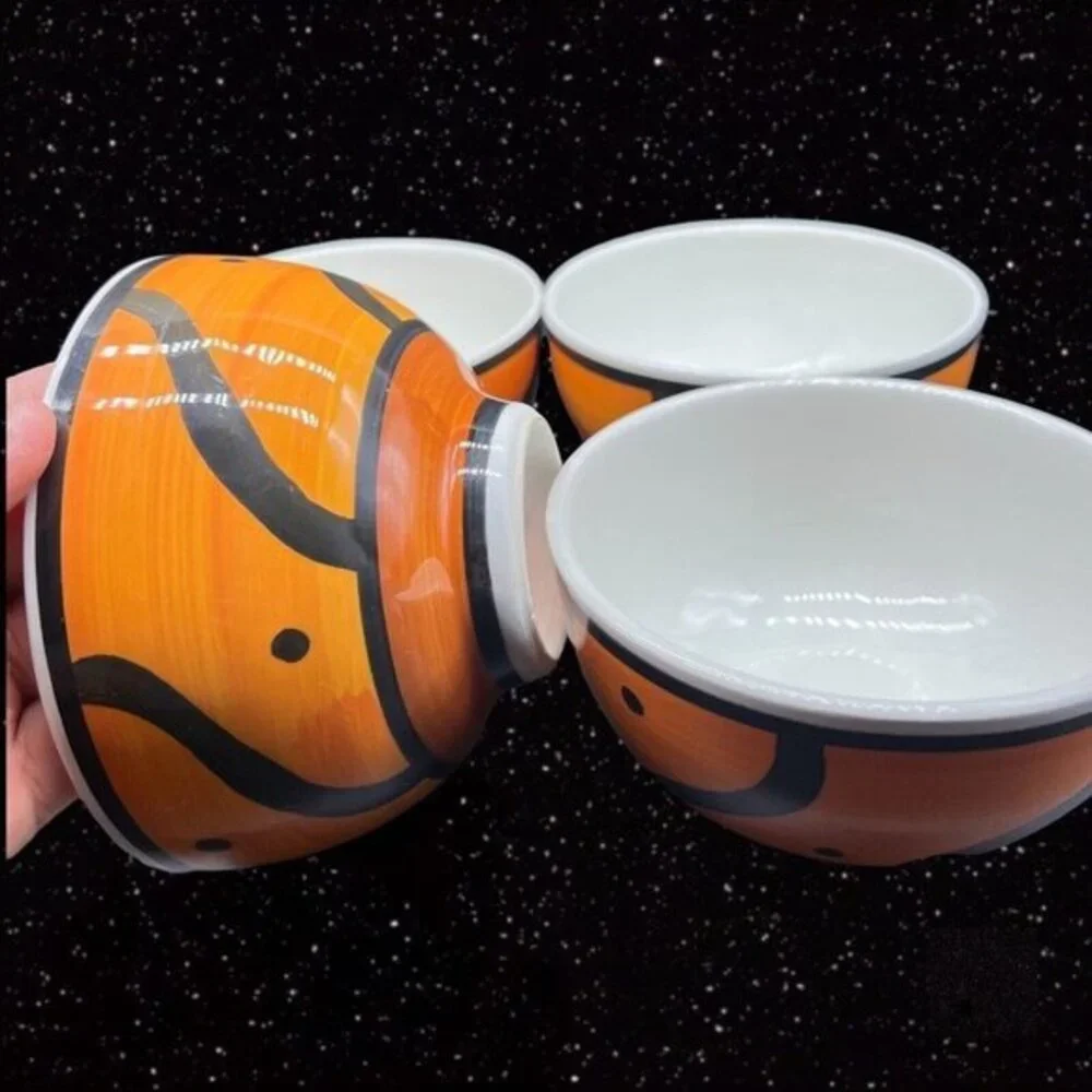 Pier 1 Hand Painted ITALY Orange & Black Cereal Bowl Set 4 Pcs Ceramic 3”T 5.5”W